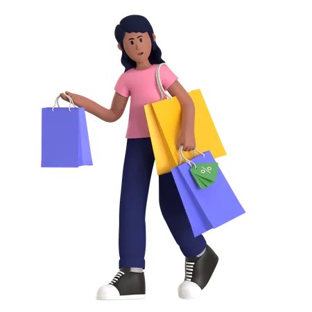 Dame accro au shopping tenant des sacs à provisions  3D Illustration