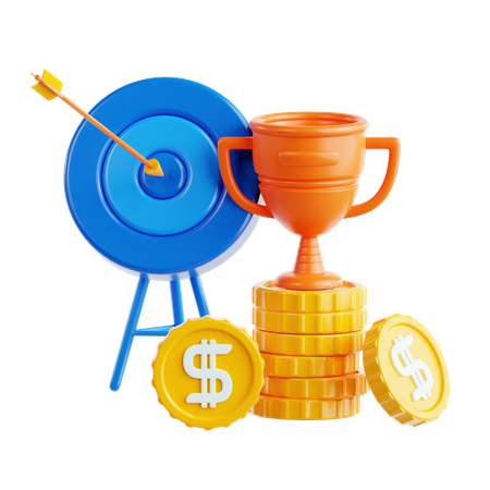 Achievements Symbolized with Target Trophy and Coins  3D Icon