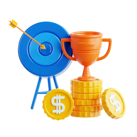 Achievements Symbolized with Target Trophy and Coins  3D Icon