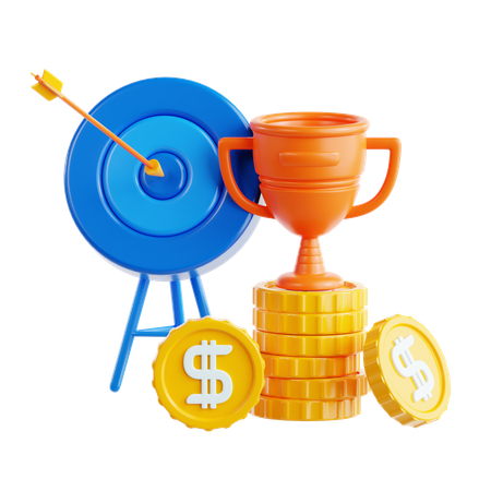 Achievements Symbolized with Target Trophy and Coins  3D Icon