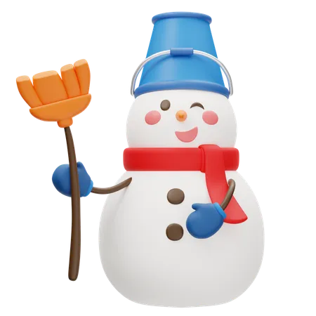 Adorable Snowman With Broom  3D Icon