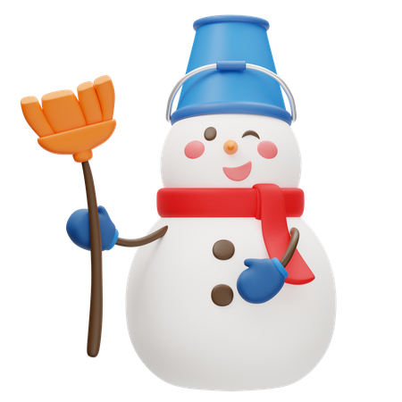 Adorable Snowman With Broom  3D Icon