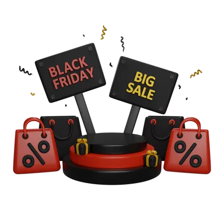 Black Friday Podium With Shopping Bags And Signboards Around 3 D Render Concept 3D Icon
