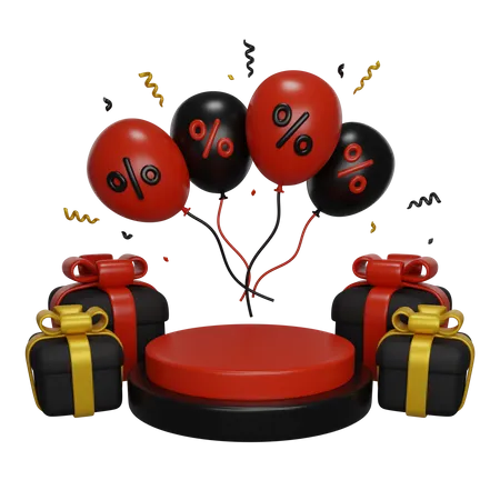 Black Friday Podium With Presents And Air Balloons Around 3 D Render Concept 3D Icon