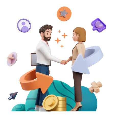 3 D Characters A Man In A Shirt And A Woman In A Suit Shake Hands Over A Successful Deal 3D Illustration