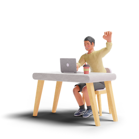 African American teenager boy celebrating with laptop 3D Illustration