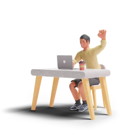 African American teenager boy celebrating with laptop 3D Illustration