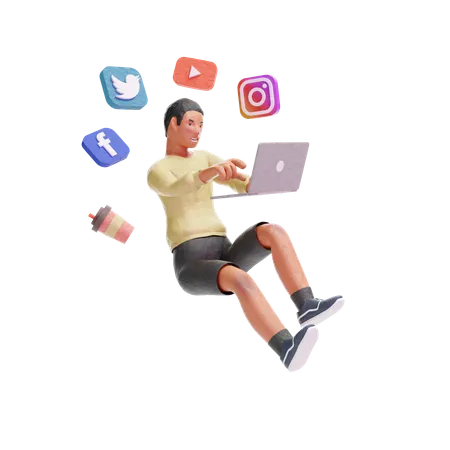 African American teenager boy exploring social media with laptop  3D Illustration