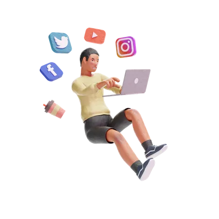 African American teenager boy exploring social media with laptop 3D Illustration