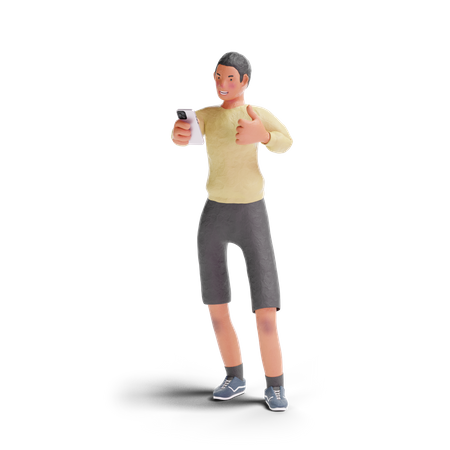 African American teenager boy thumbs up gesture to smartphone  3D Illustration