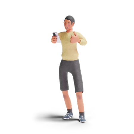 African American teenager boy thumbs up gesture to smartphone 3D Illustration