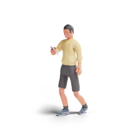 African American teenager boy using phone while walking 3D Illustration