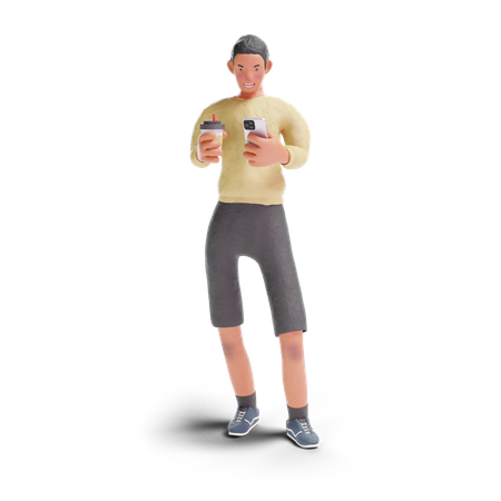 African American teenager boy using phone with holding coffee  3D Illustration