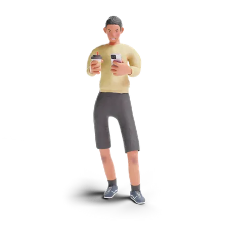 African American teenager boy using phone with holding coffee 3D Illustration