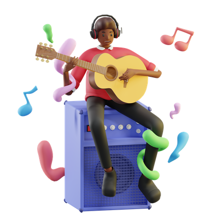 Homme afro, jouer de la guitare  3D Illustration