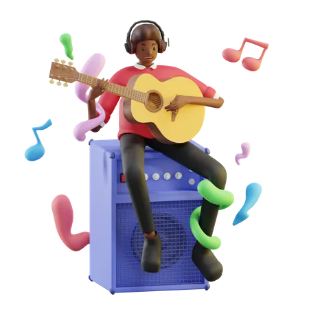 Homme afro, jouer de la guitare  3D Illustration