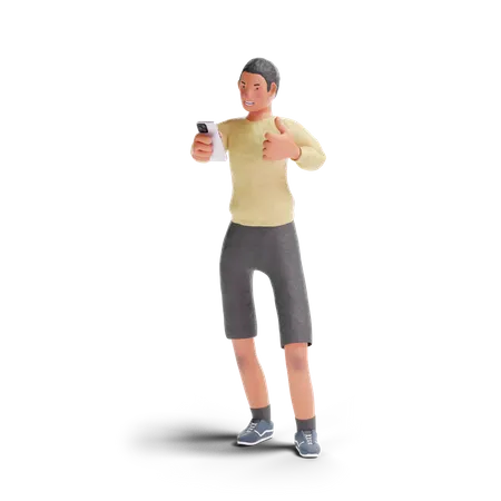 Afroamerikanischer Teenager Junge Daumen hoch Geste zum Smartphone  3D Illustration