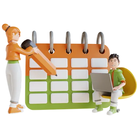 Cronograma e calendário de planejamento de homem e mulher de negócios  3D Illustration