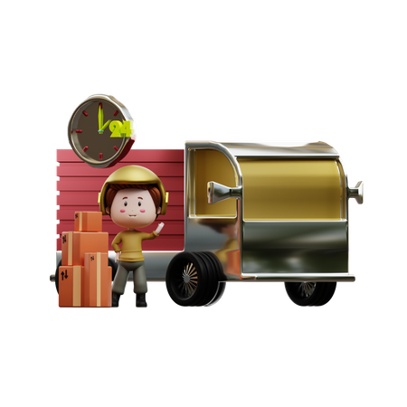 Agent de livraison avec fourgon Cargo  3D Illustration