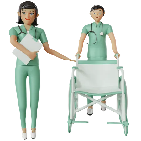 Agent de santé pointant un fauteuil roulant  3D Illustration