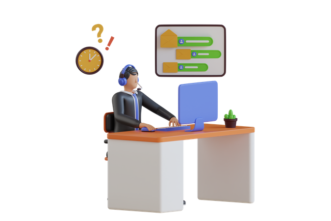 Agent de support client masculin travaillant sur les problèmes des clients  3D Icon