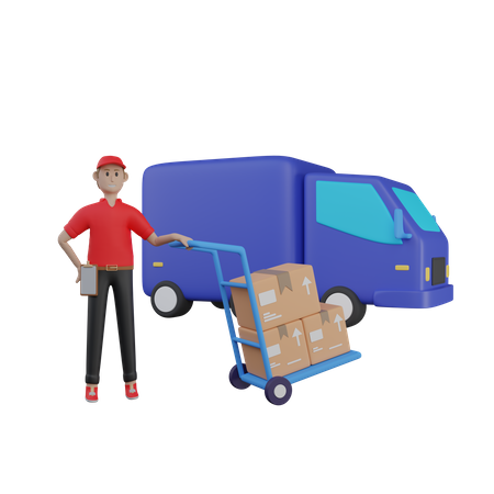 Agente de entrega com van de carga  3D Illustration