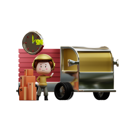 Agente de entrega con furgoneta de carga.  3D Illustration