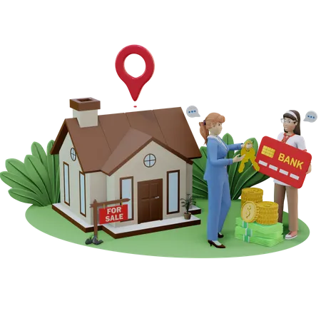 Agente imobiliário dando a chave da casa  3D Illustration