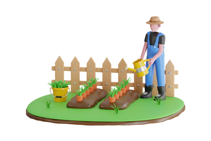 Agriculteur arrosant des légumes carottes  3D Illustration