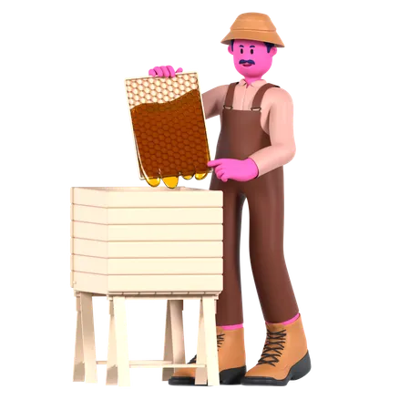 Un agriculteur collecte du miel et des produits de la ruche  3D Illustration