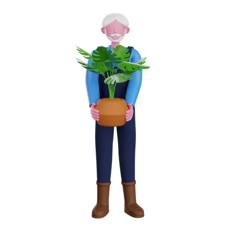 Agriculteur debout avec plante d'intérieur  3D Illustration