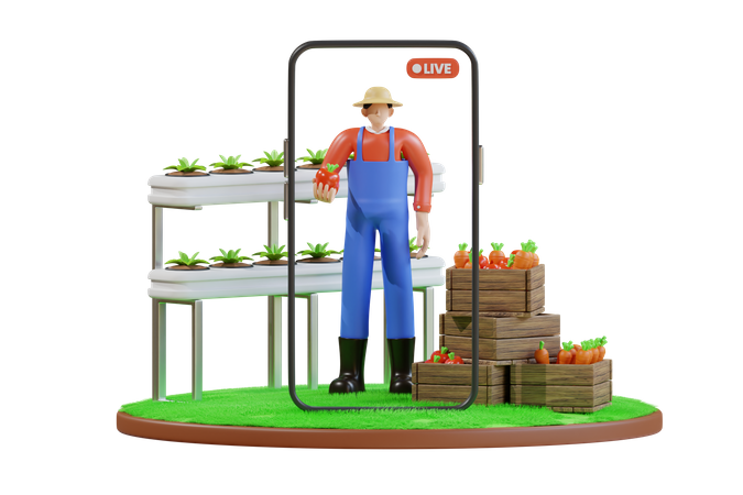 Diffusion en direct d'un agriculteur à la ferme  3D Illustration