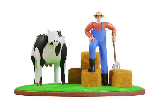 Agriculteur donnant de l'herbe à la vache  3D Illustration