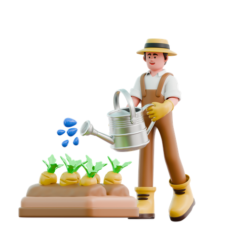 Un agriculteur arrose des carottes dans une ferme  3D Illustration