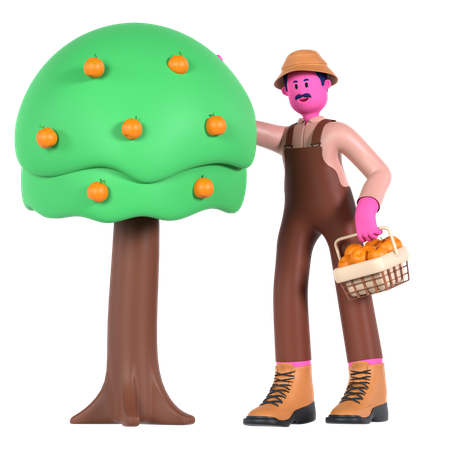 Agriculteur mâle récoltant des fruits d'un arbre fruitier  3D Illustration