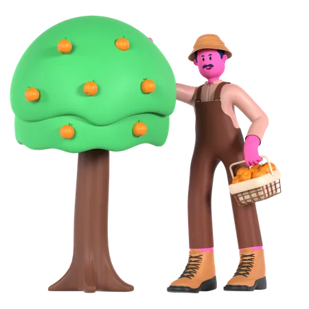 Agriculteur mâle récoltant des fruits d'un arbre fruitier  3D Illustration