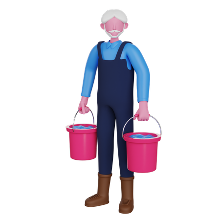 Agriculteur transportant des seaux d’eau  3D Illustration