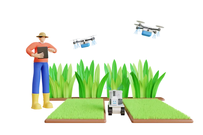 Agriculteur utilisant l'arrosage automatisé  3D Illustration