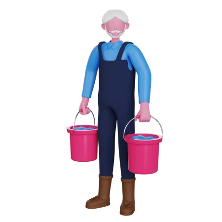 Agricultor carregando baldes de água  3D Illustration