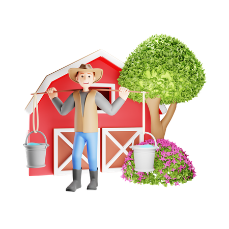 Agricultor carregando dois baldes para regar as plantas  3D Illustration