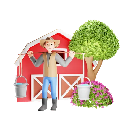 Agricultor carregando dois baldes para regar as plantas  3D Illustration