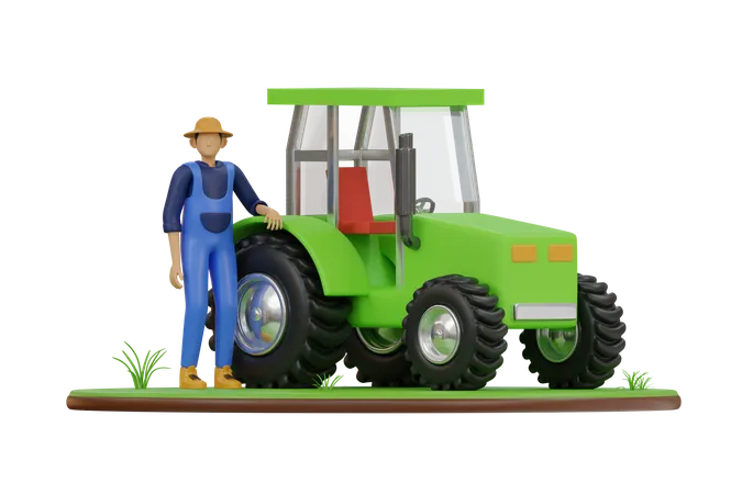 Agricultor com trator  3D Illustration