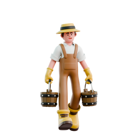 Agricultor que lleva un cubo de madera  3D Icon