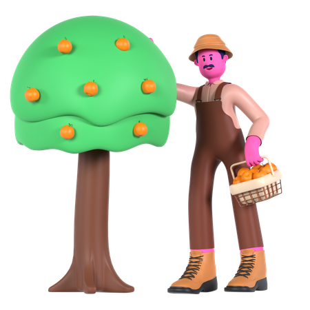 Granjero masculino cosechando frutos de árboles frutales  3D Illustration