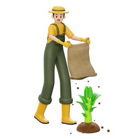 Agricultor dá fertilizante às plantas  3D Illustration