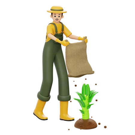 Agricultor dá fertilizante às plantas  3D Illustration