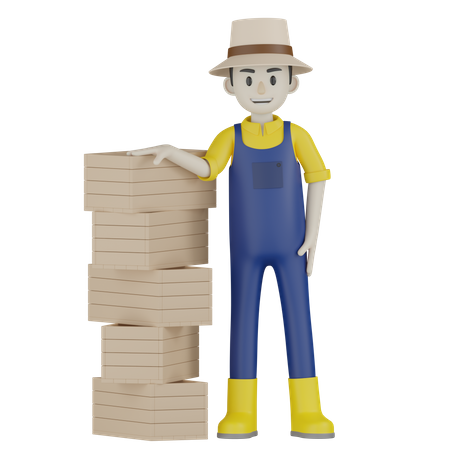 Agricultor em pé com caixas  3D Illustration