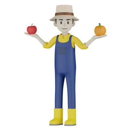 Agricultor segurando frutas  3D Illustration