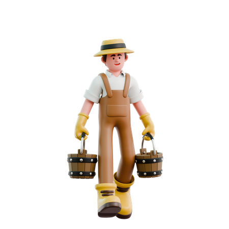 Agricultor que lleva un cubo de madera  3D Icon