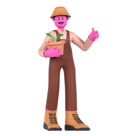 Agricultor sosteniendo maceta  3D Illustration